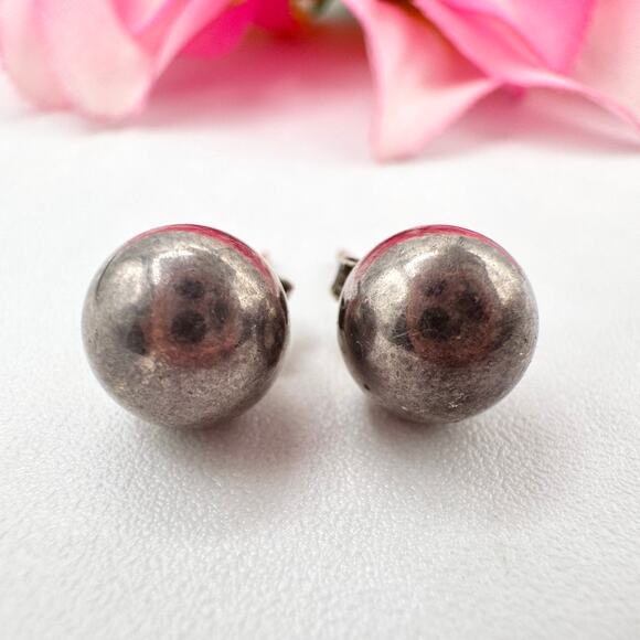 Vintage 8 mm Sterling Silver 925 Ball Sphere Stud Earrings Patina Acid Tested - Picture 1 of 12